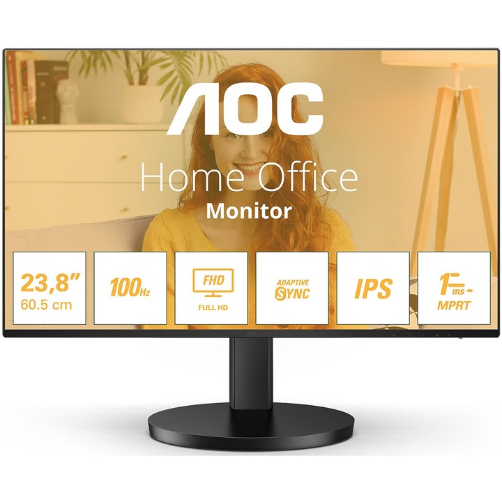 Монитор AOC 24B3HA2, 24", LED, IPS, 1920 x 1080, VGA, 1 x HDMI 1.4, 1 x Audio Out, Вградени високоговорители 2 x 2W