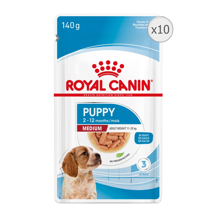 Nedves táp kutyáknak, Royal Canin, Medium Puppy, 10 x 140g