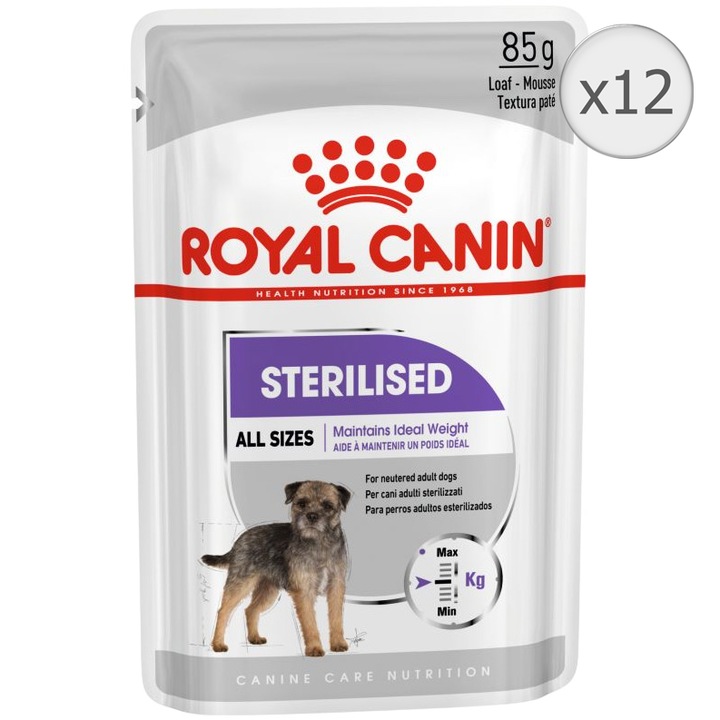 Hrana umeda pentru caini Royal Canin, Sterilised, pentru caini sterilizati, in pate, 12x85g