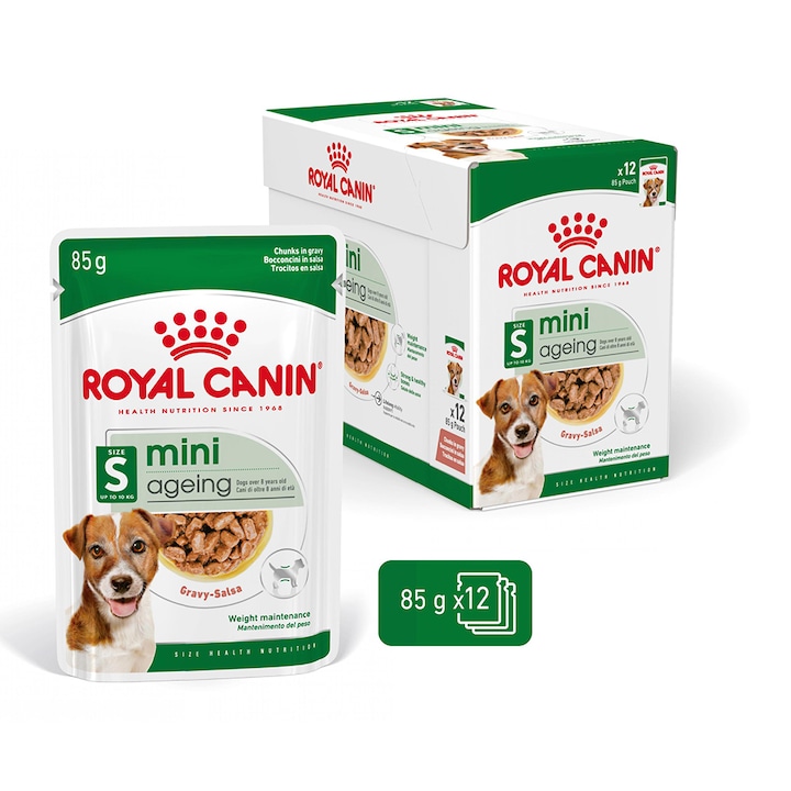 Hrana umeda pentru caini Royal Canin, Mini Ageing 12+, pentru caini seniori, in sos, 12x85g