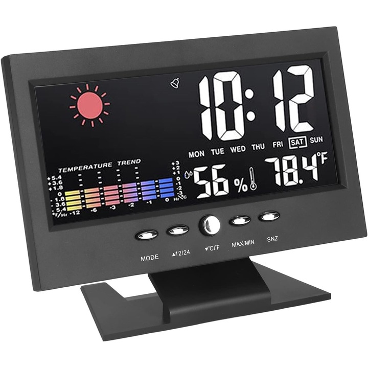 Statie meteo Termometru fara fir pentru interior si exterior, Afisaj digital color cu LED-uri ABS(negru)