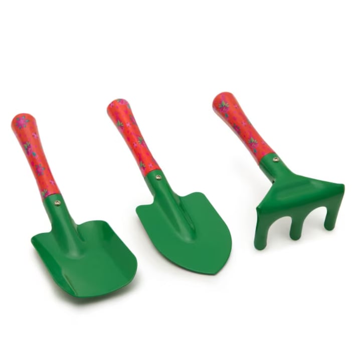 Set pentru gradinarit format din 3 unelte, destinat copiilor, din lemn si metal, culoare rosu-verde