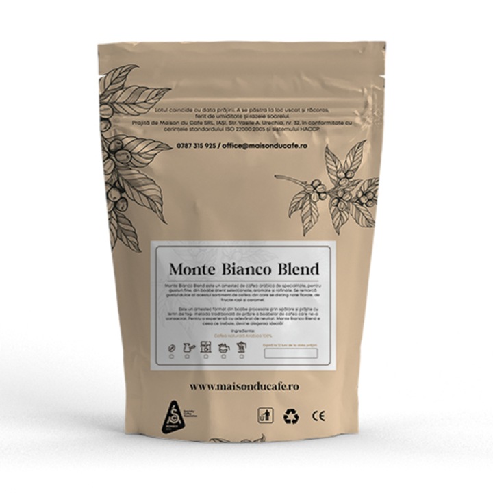 Cafea boabe proaspat prajita Monte Bianco 100 % Arabica Blend Maison du Cafe 1 Kg