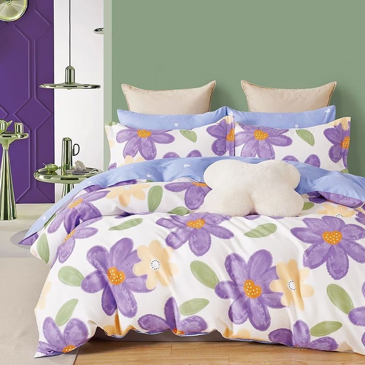 Спално бельо за един човек Перкал щампован памук 100% 3 части чаршаф 160x240 см, юрган 150x220 см, калъфка 50x70 см, лилави / сини цветя, пухкав