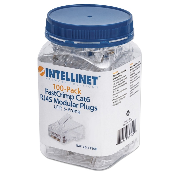 Пакет от 100 модулни щепсела RJ45 Feed-Through Cat6 FastCrimp UTP Intellinet IWP-CAT6UJ