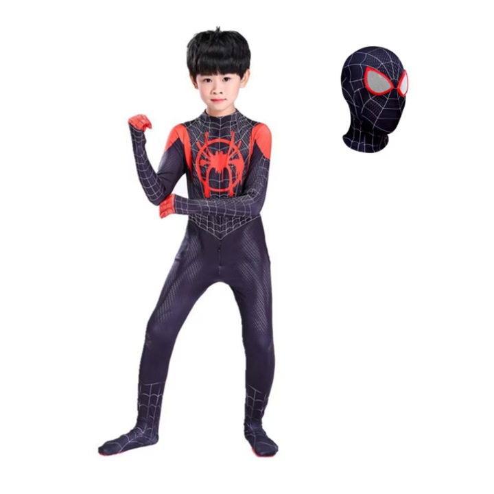Costum Copii Spider-Man Miles Baieti Set, 110-120 cm, Poliester, Negru