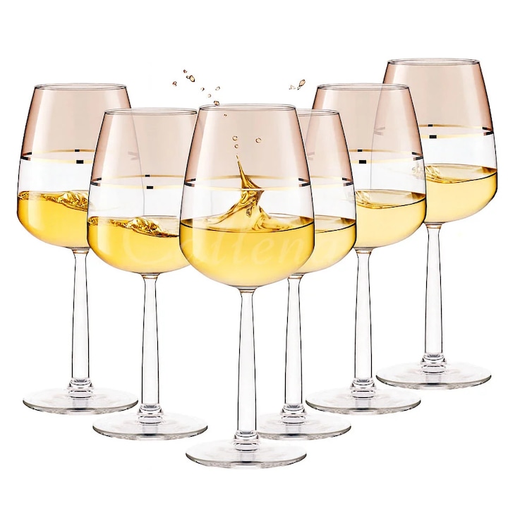 Set 6 pahare de vin, cu picior, colorate, maro cu linie aurie, 430 ml, Callena