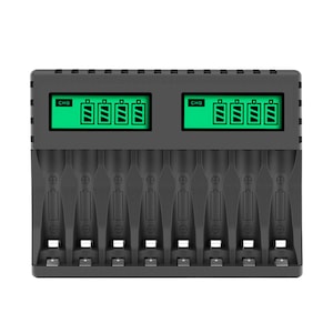 Incarcator pentru 8 acumulatori, JENUOS®, LCD, Plastic, intrare micro USB si tip C, USB, compatibil cu AA, AAA, Ni-MH, Ni-Cd, Negru