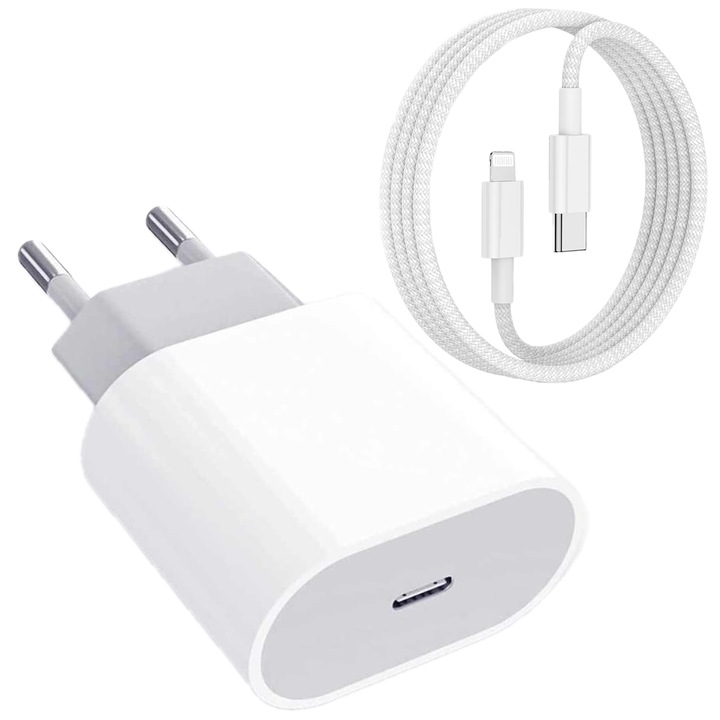 Incarcator CLOOPER™ compatibil cu iPhone 14/13/12/11/10/Pro/Pro Max/SE/iPad/AirPods/Magic Mouse/USB Type-C, cablu de date Lightning, Fast charge 20W, ambalaj Apple, Alb/Gri
