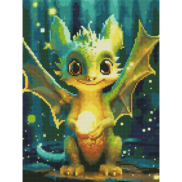 Set de broderie cu diamante 5D, cu rama, mozaic 30x40 cm, Dragon verde Pentru copii Oh Art