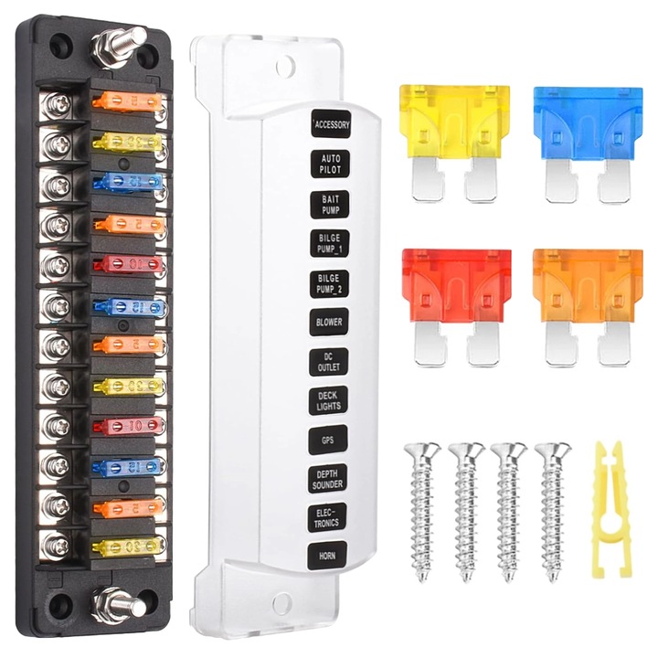 Set panou sigurante auto cu 12 iesiri, 12 V, cu sigurante 5A 10A 15A 20A, cu capac de protectie, rezistent la apa si praf, pentru masina, rulota, barca, autoutilitara, camion