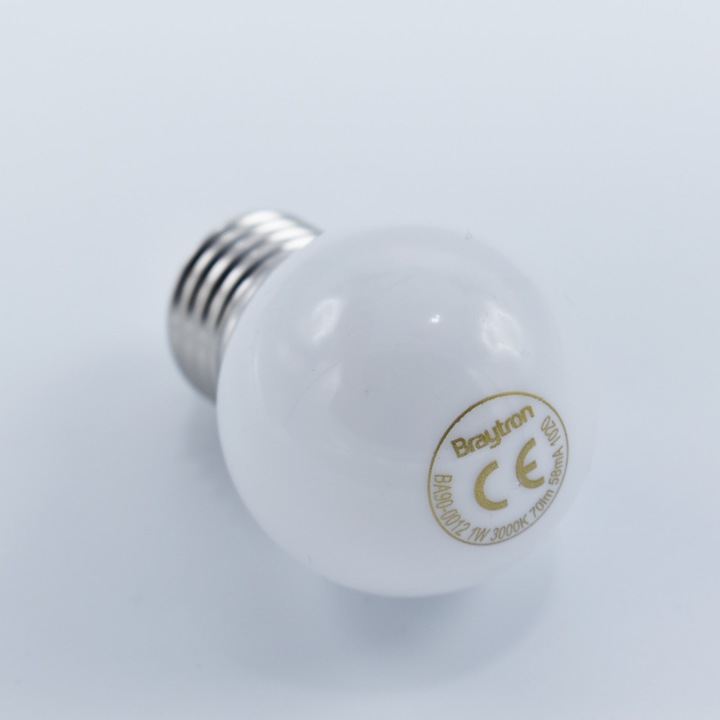 Bec LED 1W(10W) Braytron, G45, E27, 80 lm, lumina calda (3000K), clasa energetica G