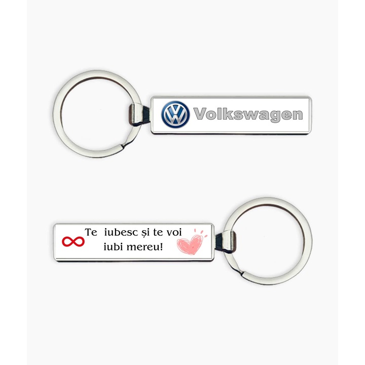 Breloc metalic cu logo Volkswagen si text "Te iubesc si te voi iubi mereu!", argintiu