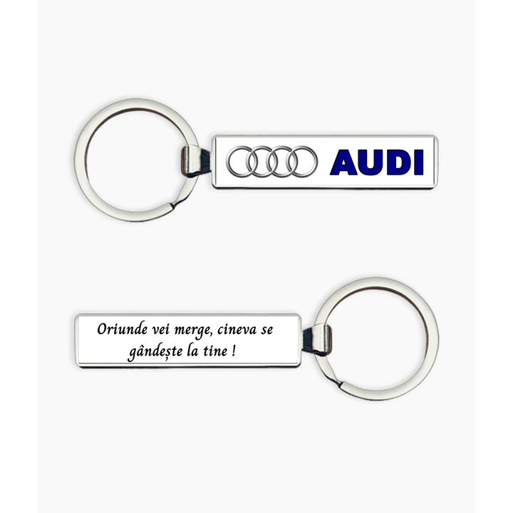 Breloc metalic cu logo Audi si text "Oriunde vei merge", argintiu