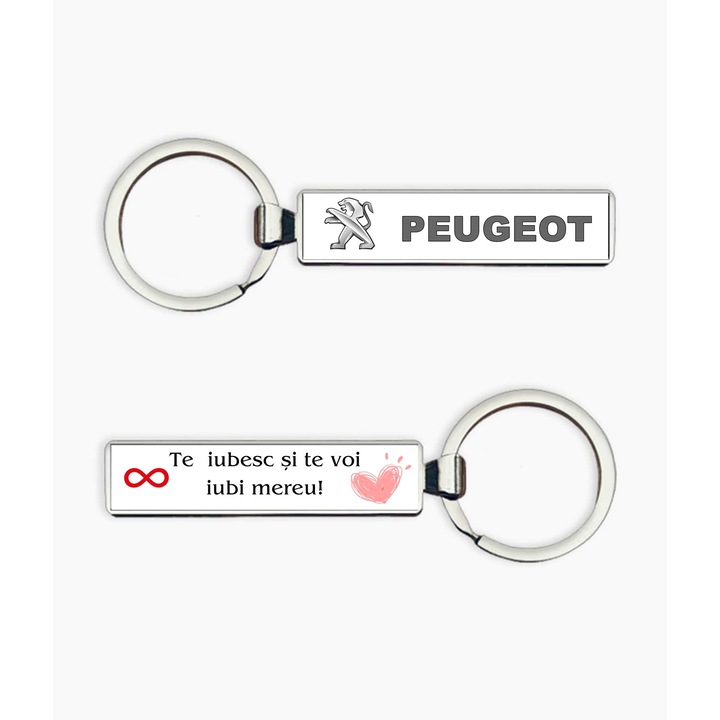 Breloc metalic cu logo Peugeot si text "Te iubesc si te voi iubi mereu!", argintiu