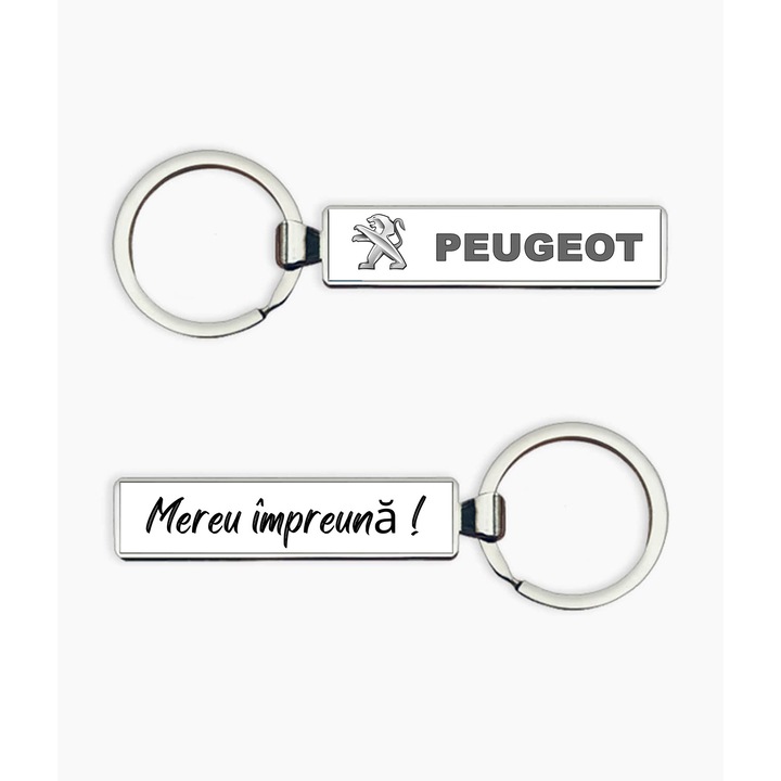 Breloc metalic cu logo Peugeot si text "Mereu impreuna", argintiu