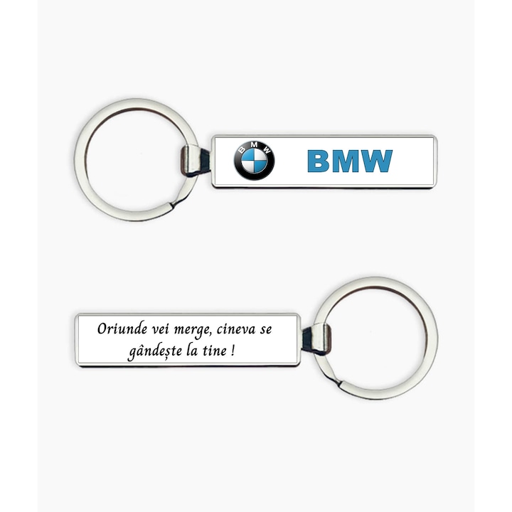 Breloc metalic cu logo BMW si text "Oriunde vei merge", argintiu