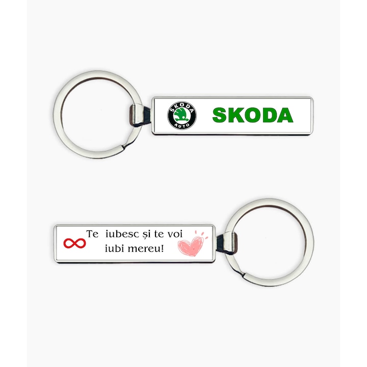 Breloc metalic cu logo Skoda si text "Te iubesc si te voi iubi mereu!", argintiu