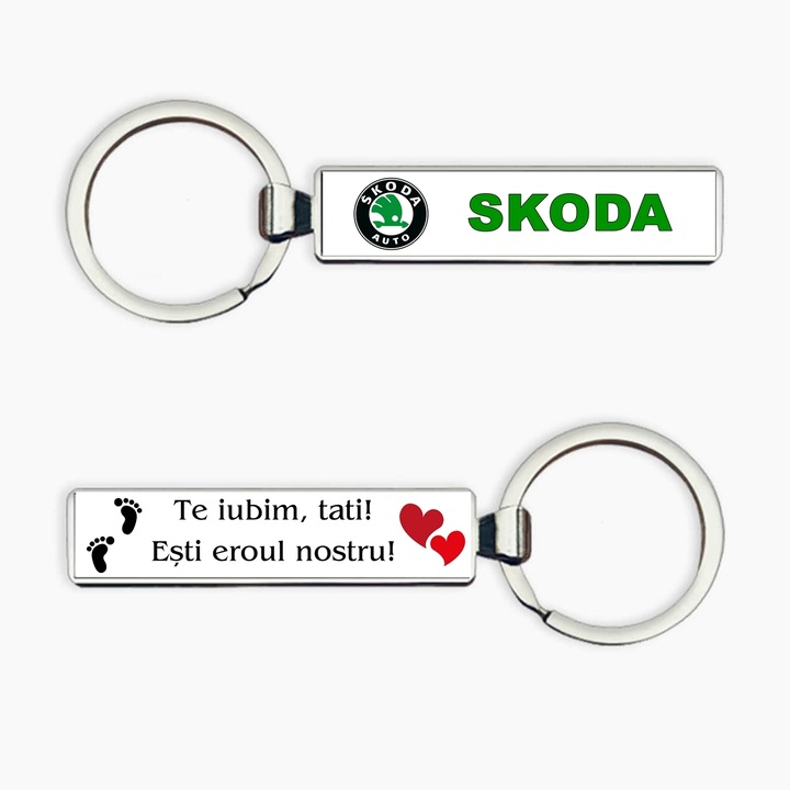 Breloc metalic cu logo Skoda si text "Te iubim, tati!", argintiu
