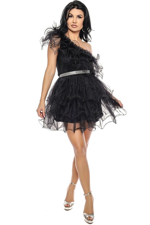 Къса рокля с волани от тюл, деколте на раменете, сребрист колан, Черен