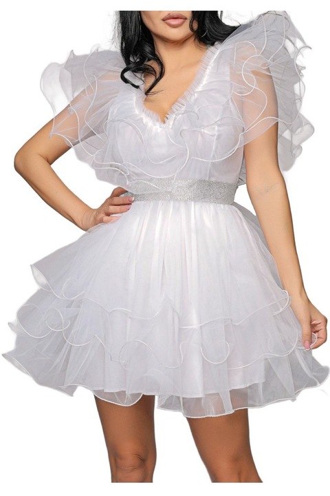 Къса рокля с волани от фин тюл, V-образно деколте и сребрист колан, Бял