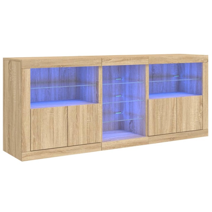 Скрин с LED осветление, Zakito Europe, Дърво/Стъкло, 3 части, 162x37x67 см, дъб сонома