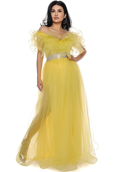 Дълга рокля от тюл с волани, V-образно деколте и сребрист колан, Жълт