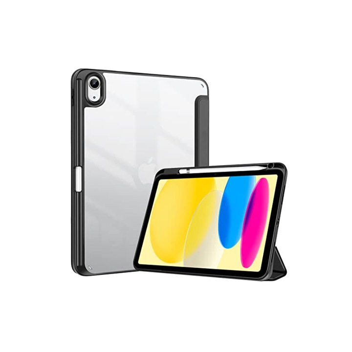 Защитно покритие flip cover за таблет съвместим с Apple iPad 10 2022, 10.9", Ascend Hybrid, магнитна стойка тип захващане, прозрачен гръб, екологична кожа, Черен
