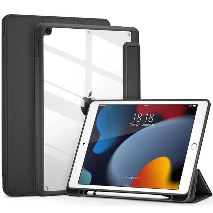 Защитен калъф за таблет, съвместим с Apple iPad 10.2" 2019/2020/2021, Rebound Hybrid Pro, тип стойка, магнитен захват, подсилени ръбове, екологична кожа и TPU, черен