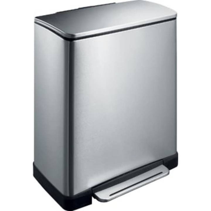 Cos de gunoi EKO, E-Cube, cu pedala, 2 compartimente 28/18 L, deschidere/inchidere silentioasa a capacului, functie sortare deseuri, corp din otel inoxidabil, rezistent la amprente, argintiu