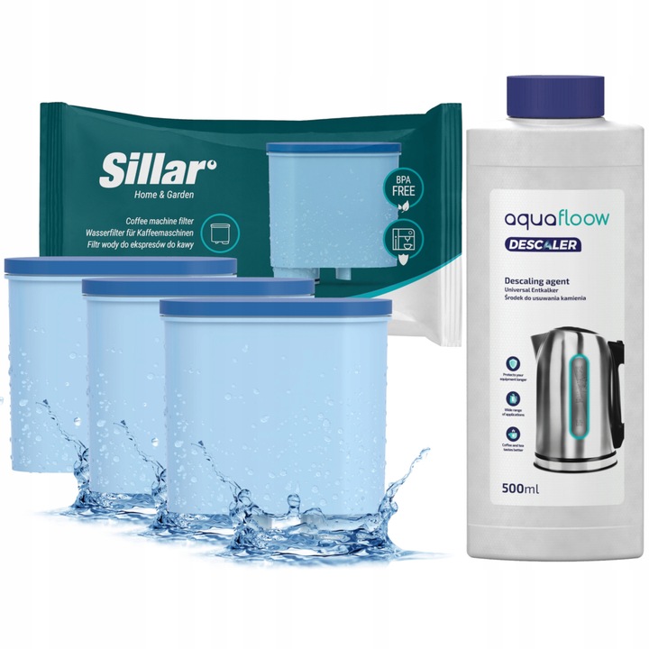 Kit intretinere espressor, 3 x Filtru apa Sillar Compatibil cu Philips, Solutie decalcifiere 500 ml