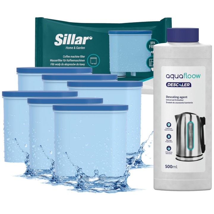 Eszpresszógép karbantartó készlet, 6 x Sillar vízszűrő Kompatibilis a Philips-szel, Vízkőoldó oldat 500 ml