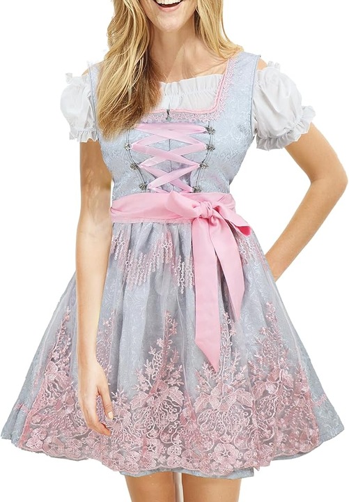 Дамска рокля от 3 части, блуза, сорт, за Октоберфест, карнавал, косплей, сиво/розово, Бял/Сив/Розово