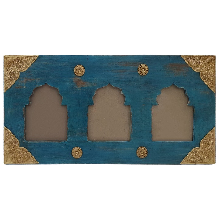 Rama foto in stil indian, lemn de mango, albastru/auriu