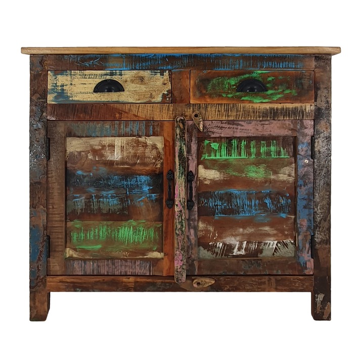 Comoda, stil indian, 90x45x85 cm, lemn de mango, doua sertare, multicolor