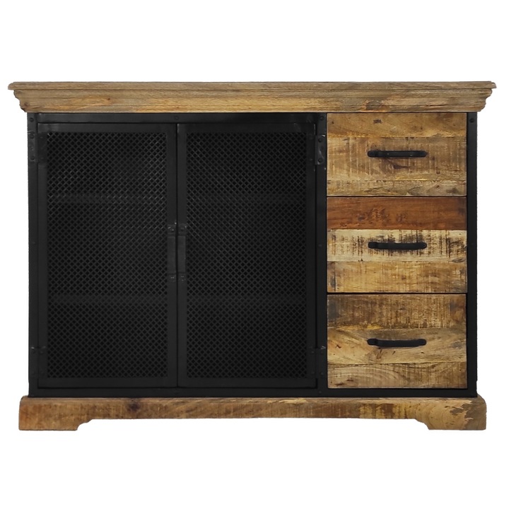Comoda indiana Alpana, 125x45x90 cm, lemn de mango/otel, 3 sertare, bej/negru