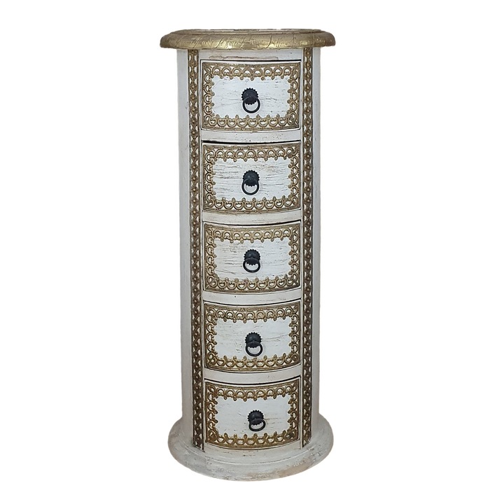 Comoda rotunda, 30x30x80 cm, lemn de mango, alb/auriu, rezistenta la umiditate