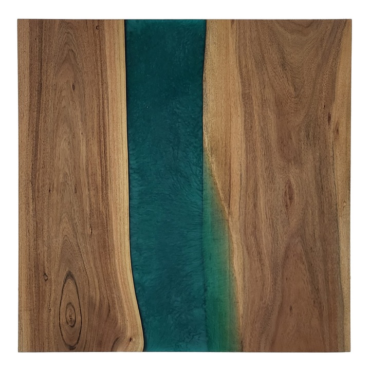 Blat de masa epoxidic, lemn de salcam, 70x70 cm, verde/maro