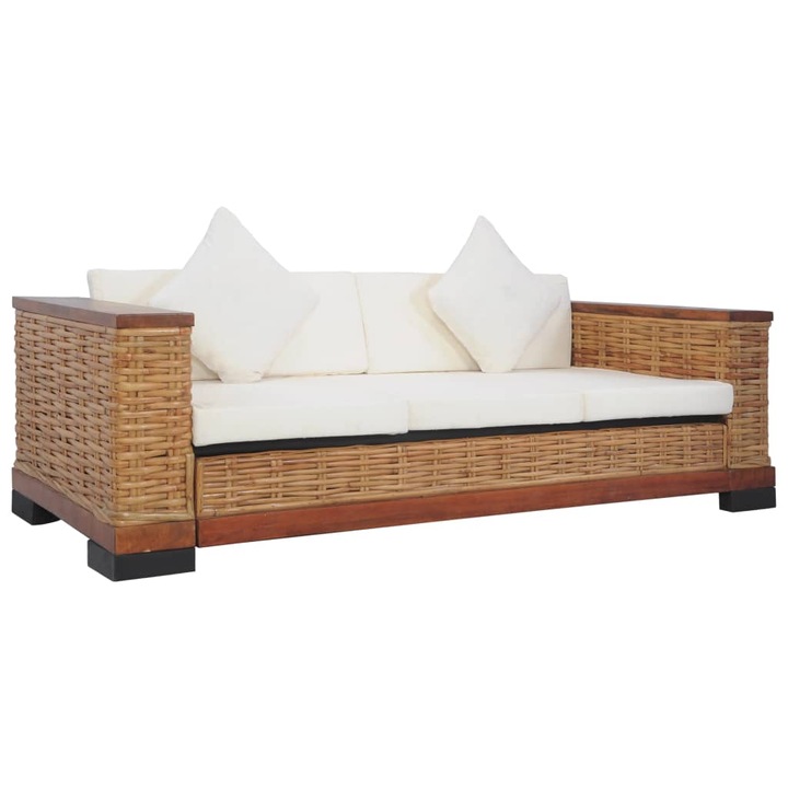 vidaXL 3 személyes barna természetes rattan kanapé párnával283080