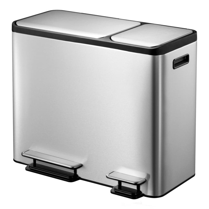 Cos de gunoi EKO, EcoCasa, cu pedala dubla, 3 compartimente x 15 L, deschidere/inchidere silentioasa a capacului, functie sortare deseuri, corp din otel inoxidabil, rezistent la amprente, argintiu