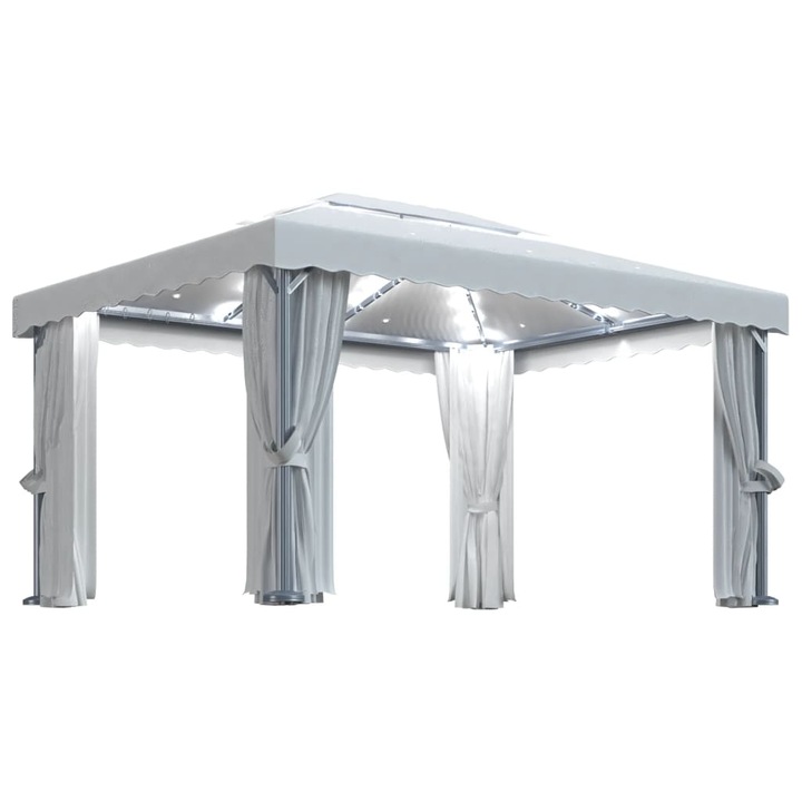 Pavilion cu perdele & siruri lumini LED vidaXL, alb crem, 4x3 m, 33.45 kg