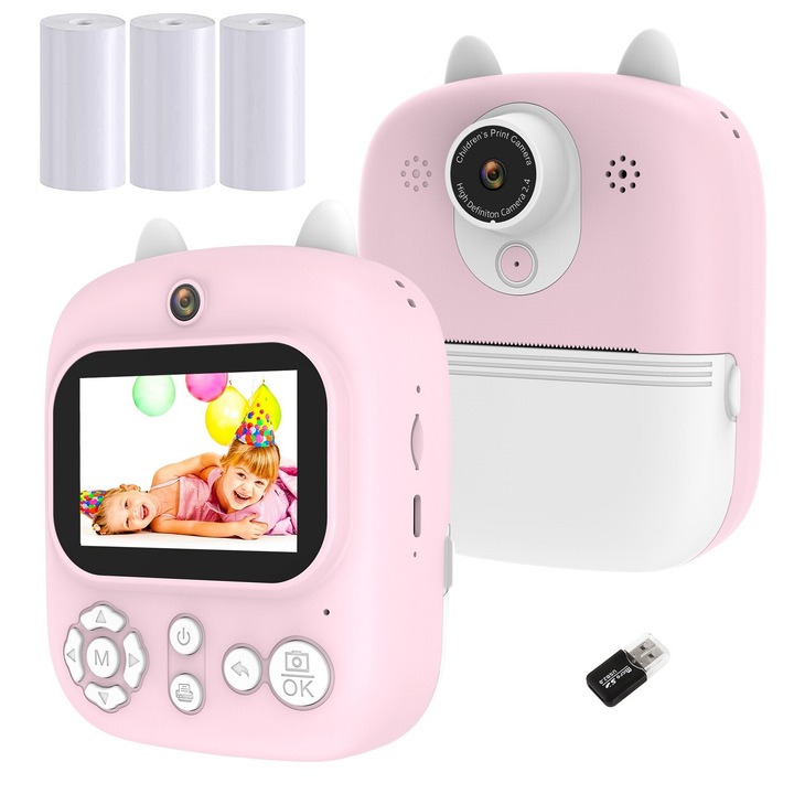 Мини фотоапарат играчка за миг, може директно да отпечатва HD снимки, 1080P 8X двойно увеличение селфи, включени три ролки фотохартия