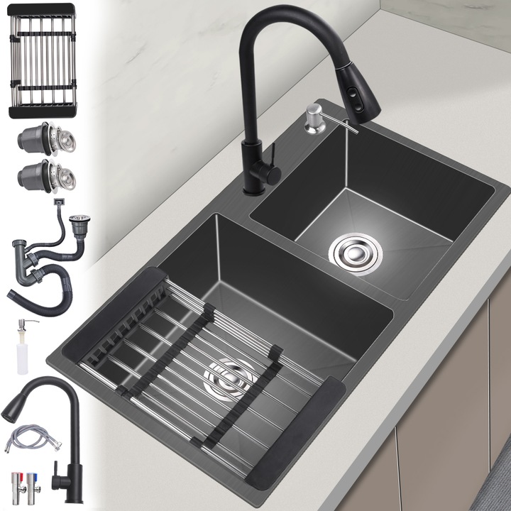 Chiuveta dubla de bucatarie, multifunctionala cu accesorii, otel inoxidabil, 304 Nano, 75 x 40 CM, Negru