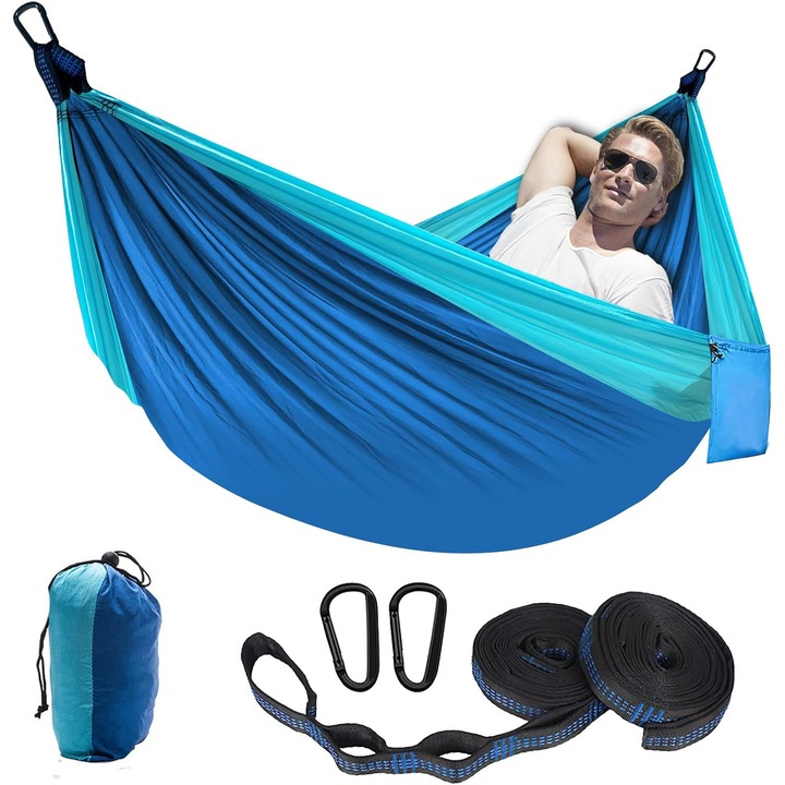 Hamac pentru o Persoana, pat portabil pentru odihna sau somn, 270×140 cm, cu catarame de siguranta, doua curele ultra-durabile din nailon, albastru si albastru deschis