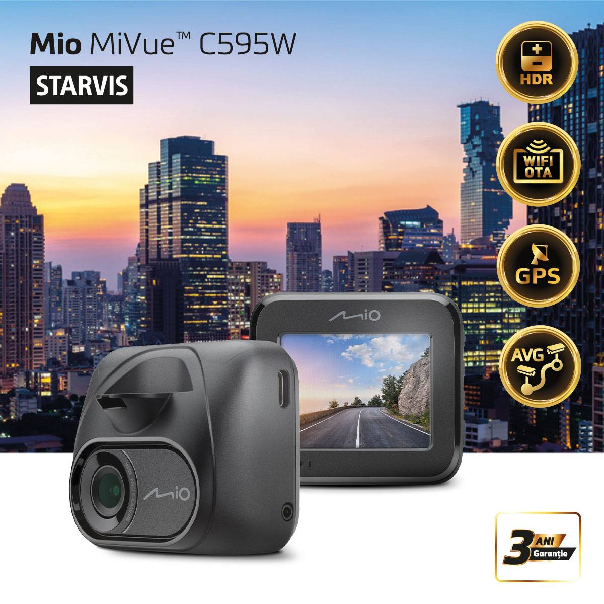 Camera auto Mio MiVue C595W, GPS, WIFI, Sony STARVIS, HDR, 60fps, Mod Noapte, Parcare optional