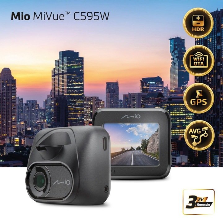 Mio MiVue C595W autós kamera, GPS, WIFI, Sony STARVIS, HDR, 60fps, Éjszakai üzemmód, Parkolásfigyelés