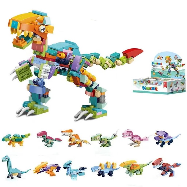 Set de construit dinozauri, ABS, 12 buc, 4 ani+, Multicolor