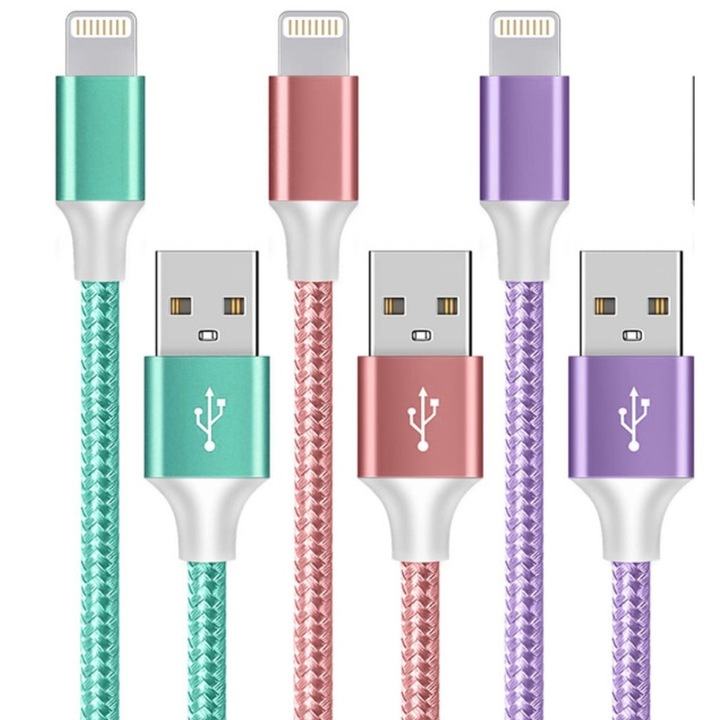 Комплект 3 iPhone Lightning кабела, бързо зареждане, найлон, многоцветен, 1.8m