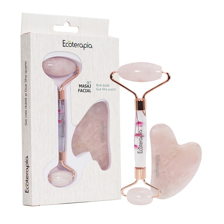 Set masaj facial cuart, rola dubla si Gua Sha, Roz