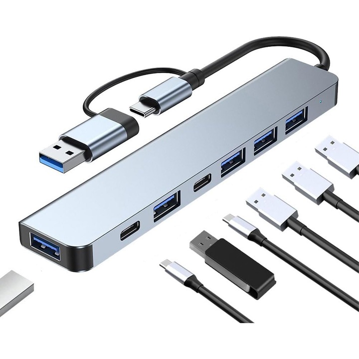 Hub 7n1, Adaptoare multi-port, USB-C/USB, Argintiu